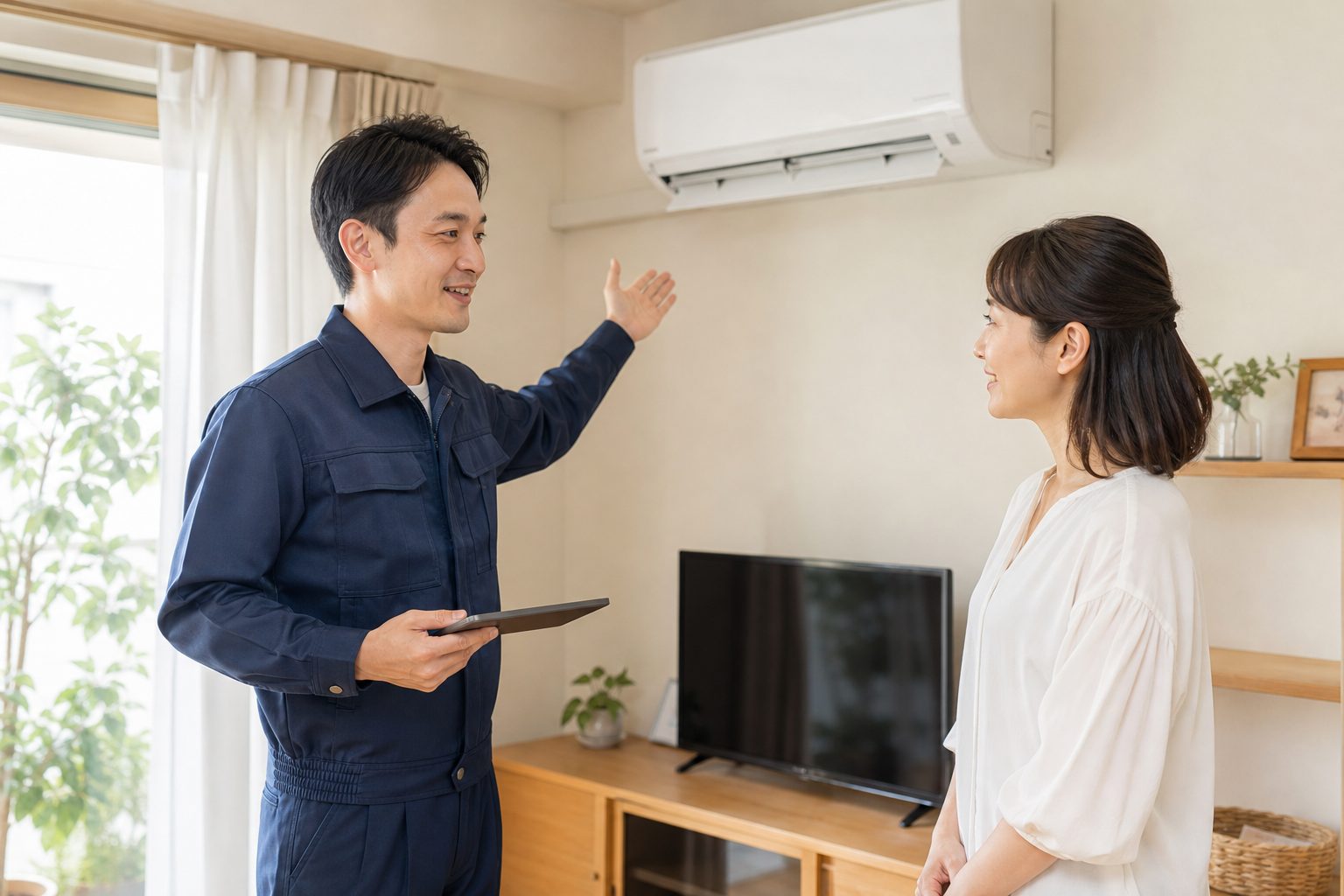 エアコンの点検後、お客様に作業内容を説明するスタッフ