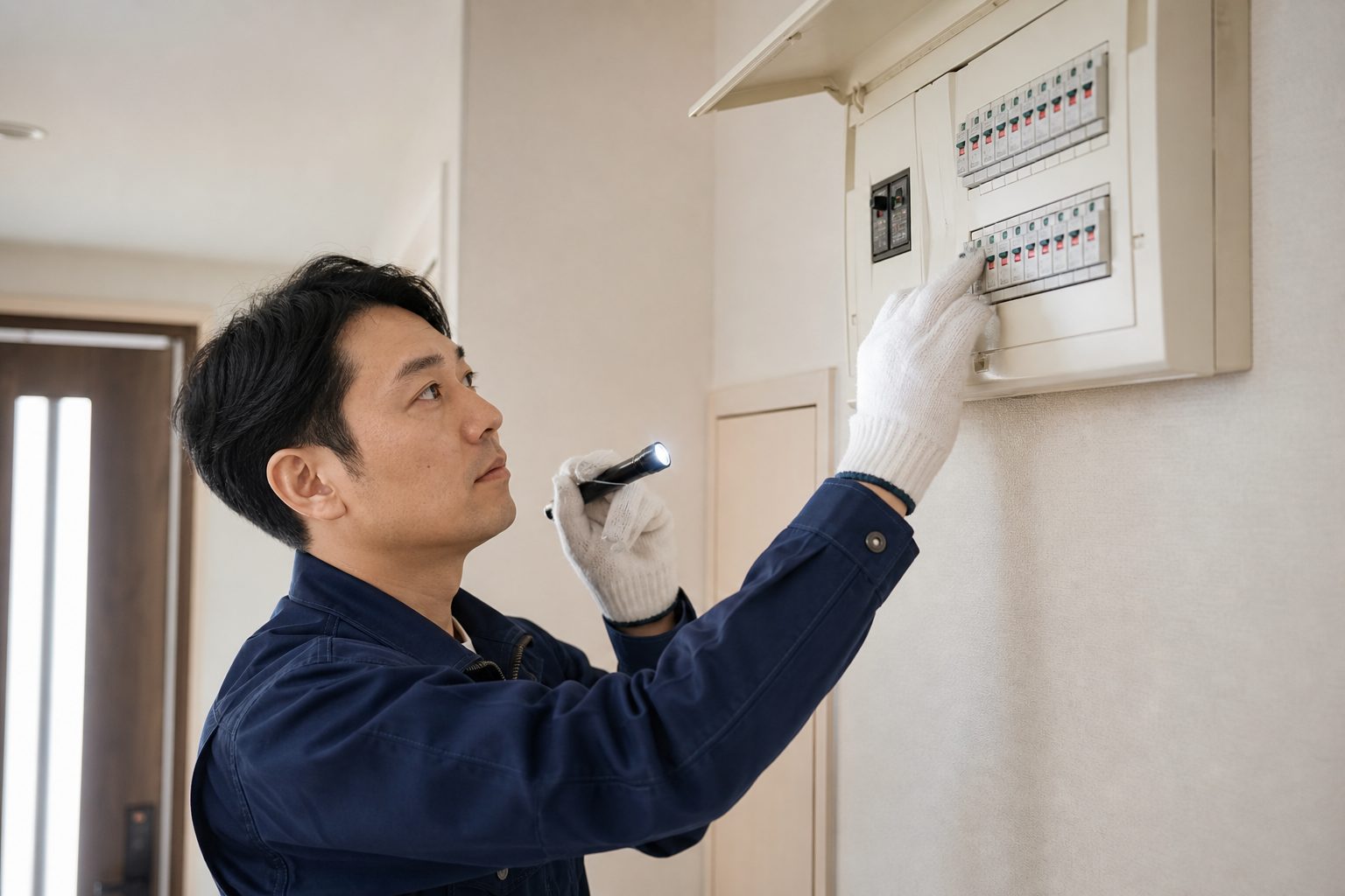 分電盤を安全確認しながら点検するスタッフ