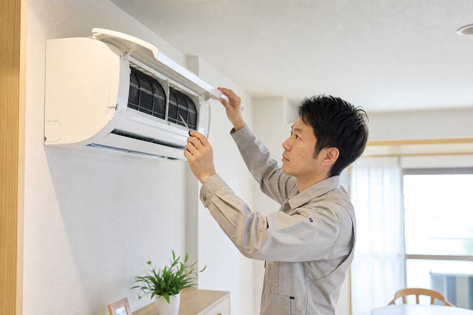 住宅の室内でエアコンを点検するスタッフ